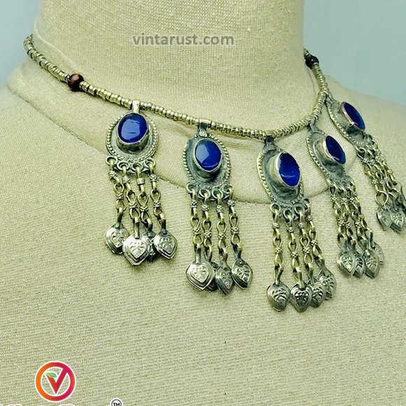 Beaded Chain Choker Necklace With Dangling Tassels and Blue Stone, Tribal Light - Picture 5 of 10